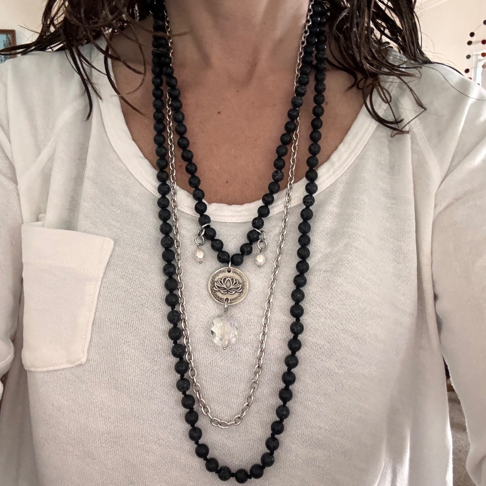 Black and silver layered necklace with crystal and silver charms